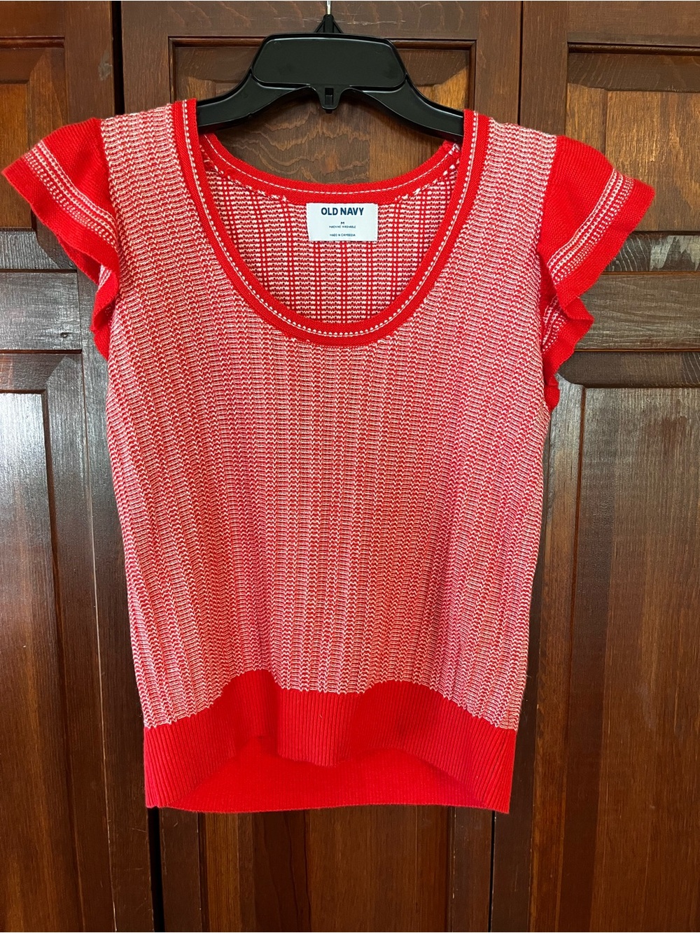 Old Navy Red and White Knit Scoop Neck Flutter Sleeve Top